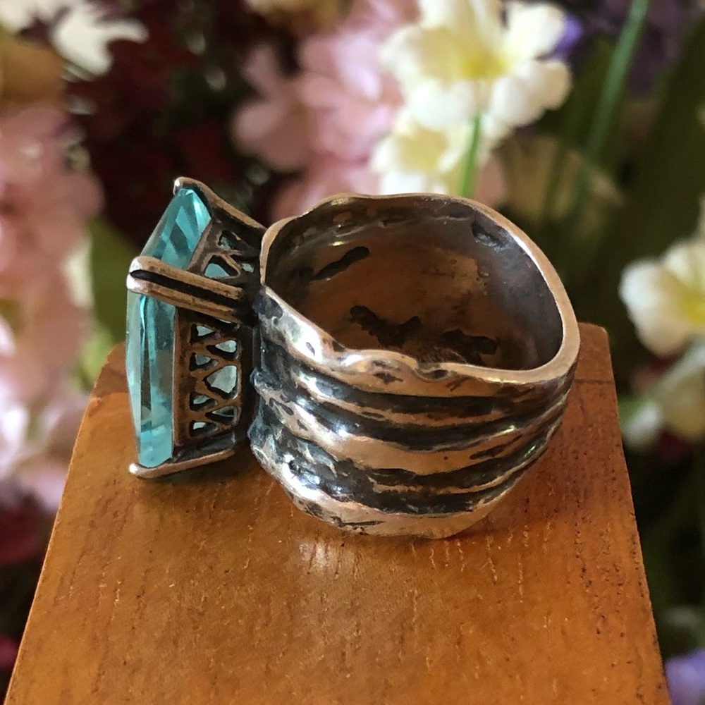 Vintage Silpada Sterling Silver Aqua Glass Statement Ring Size 8 - Picture 12 of 14